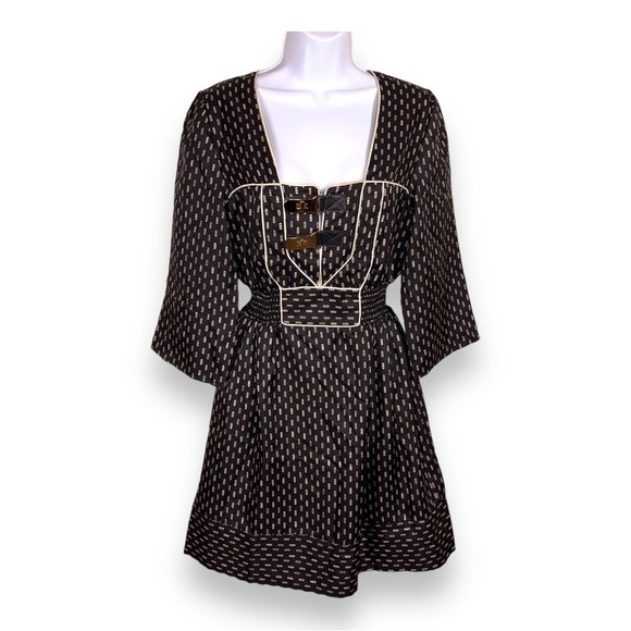 SIZE 6 LAUREN MOFFATT SILK DRESS LUXURY BLACK GOLD BEIGE ELASTIC WAIST EVENT - Picture 1 of 11